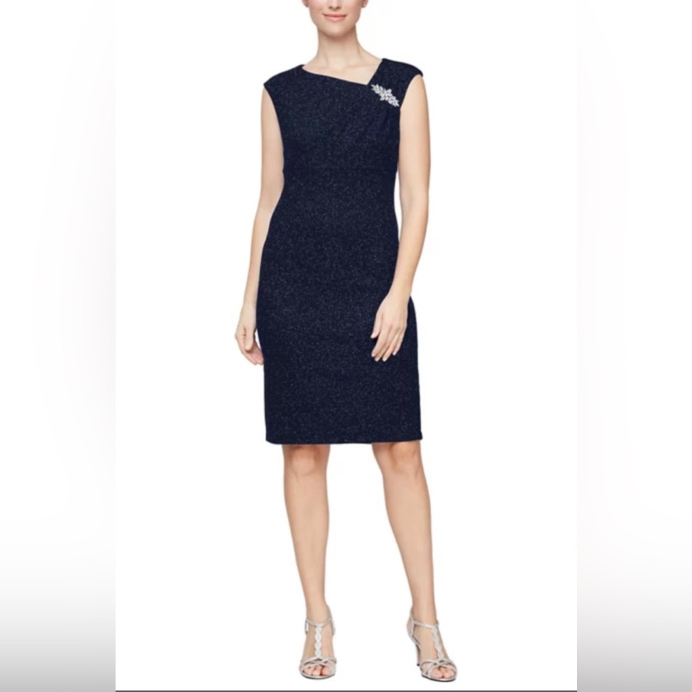SLNY ASYMMETRICAL NECKLINE CAP SLEEVE SHORT EVENING DRESS